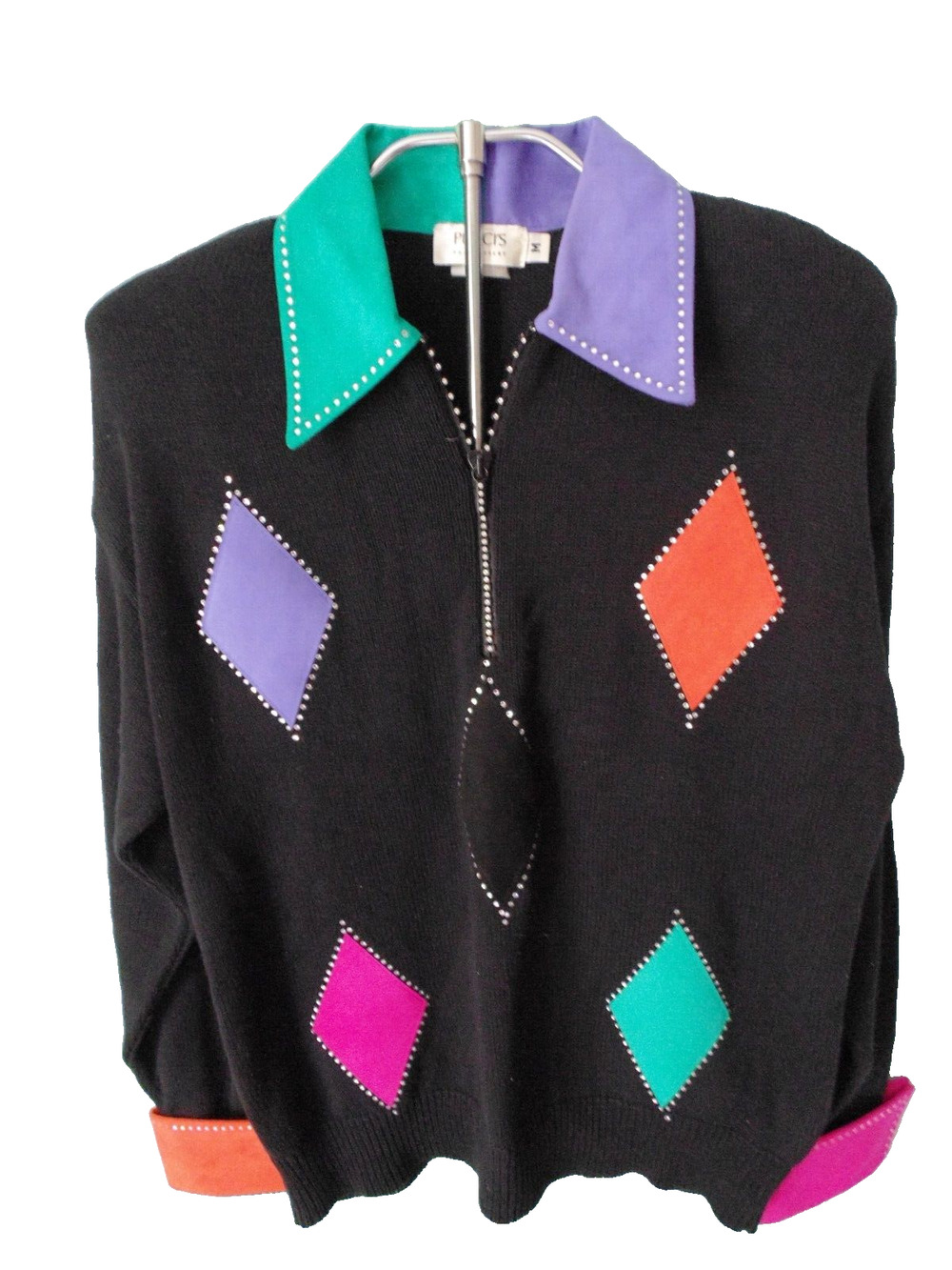 New Vtg Pucci Palm Desert Designer Sweater Black Colorblock Suede Rhinestones M